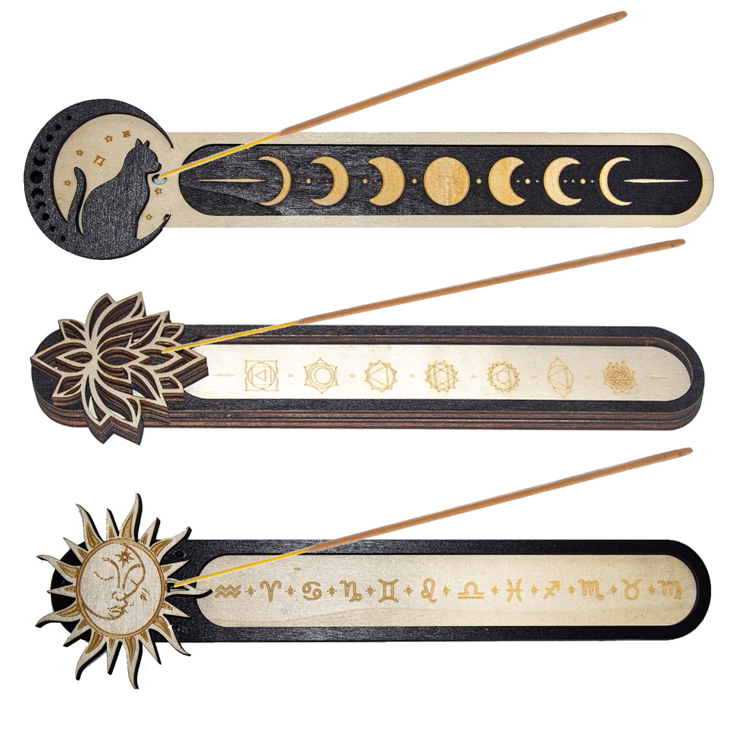 木制香炉线香板黑猫月相太阳莲花七轮星座符号家居装饰冥想瑜伽