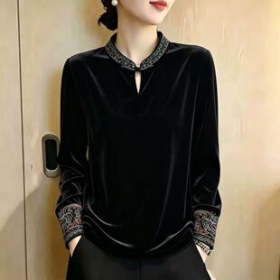 中老年妈妈秋冬绣花丝绒长袖旗袍衫时尚洋气大码弹力显瘦打底小衫