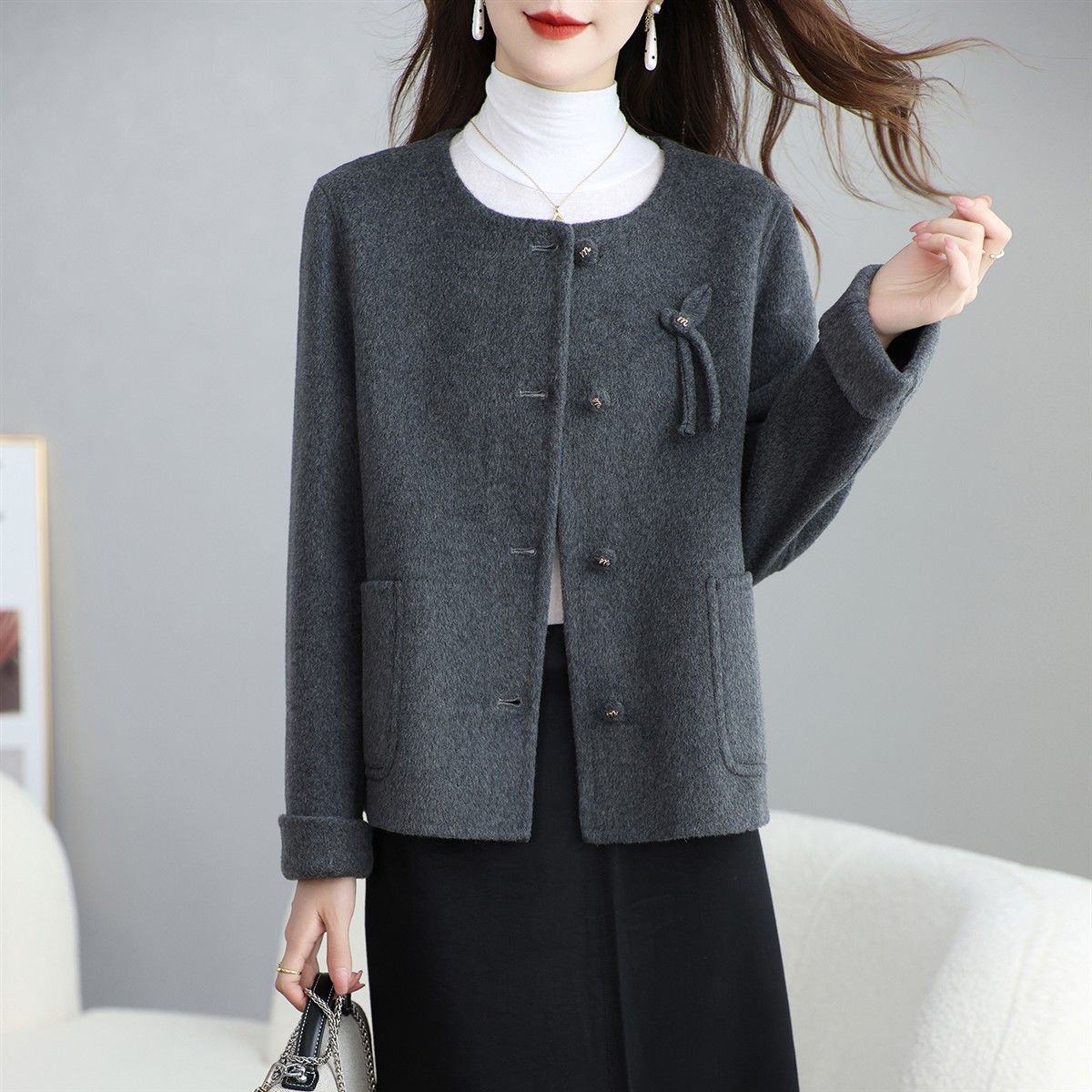 小香风毛呢外套女2025秋冬新款小个子短款上衣双面呢羊毛大衣女