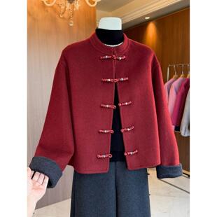 新中式红色双面羊毛大衣女短款立领盘扣高级感撞色国风羊毛呢外套