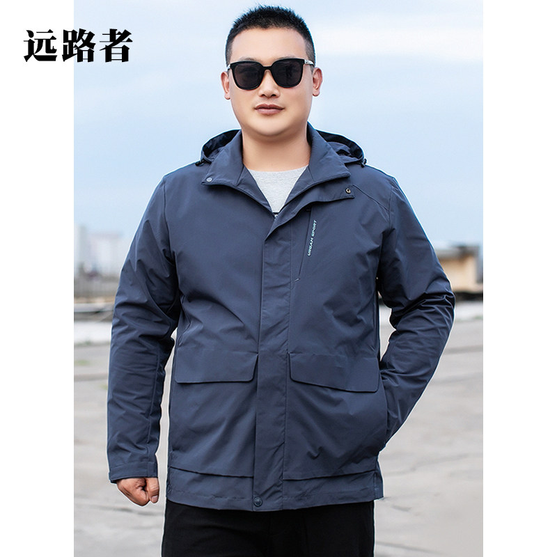 男士春秋户外单层冲锋衣加肥加大号胖子防风衣夹克大码宽松外套潮