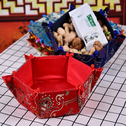 古典中式织锦缎果盘果篮六角储物篮零食盘子结婚喜糖丝绸杂物筐