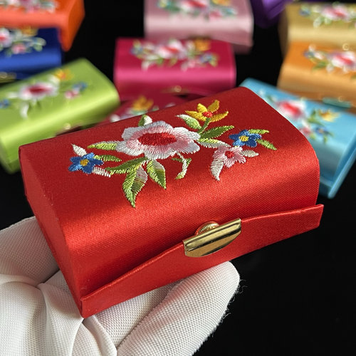 中国风刺绣首饰收纳盒创意化妆盒口红盒随身便携女士小镜子