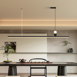 餐厅吊灯新中式 禅意一字长条茶室饭厅灯全光谱护眼木纹前台吧台灯