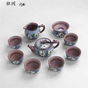 手绘菊花10 雅玥紫砂手绘精陶茶道套组 创意礼品陶瓷功夫茶具套装