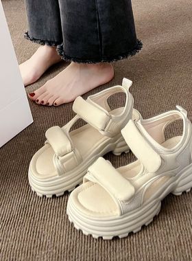 凉女鞋2024新款夏季松糕厚运底高休闲动魔34906术贴罗马沙滩鞋配