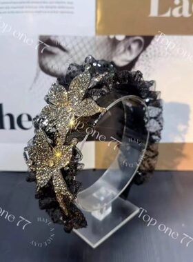 爆闪轻奢亮片网纱双蝴蝶发箍法式蕾丝宽边褶皱高颅顶显脸小头箍女