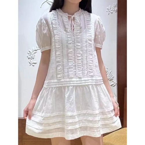 【正确版】SST春夏新款女装裙子时尚优雅对丝花边泡泡袖连衣裙