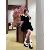 shushu茶歇V领丝绒小黑裙显瘦泡泡袖 高品质 抽褶连衣裙子sst
