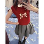 zui高品质 shushu圣诞风蝴蝶结提花针织背心叠穿羊毛上衣女sst