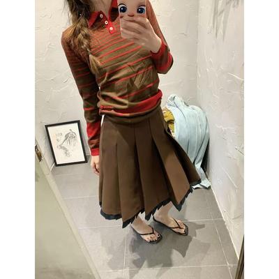 【zui高品质】shushu设计感拼接花边宽褶半身裙撞色miu系a字裙