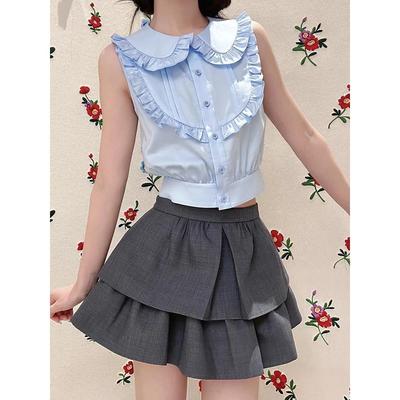 【高品质】shushu 高腰学院风a字短裙双层裙摆蓬蓬半身裙子sst