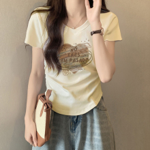 欧货复古v领上衣夏短款洋气卡腰小衫不规则褶皱纯棉正肩女t恤短袖