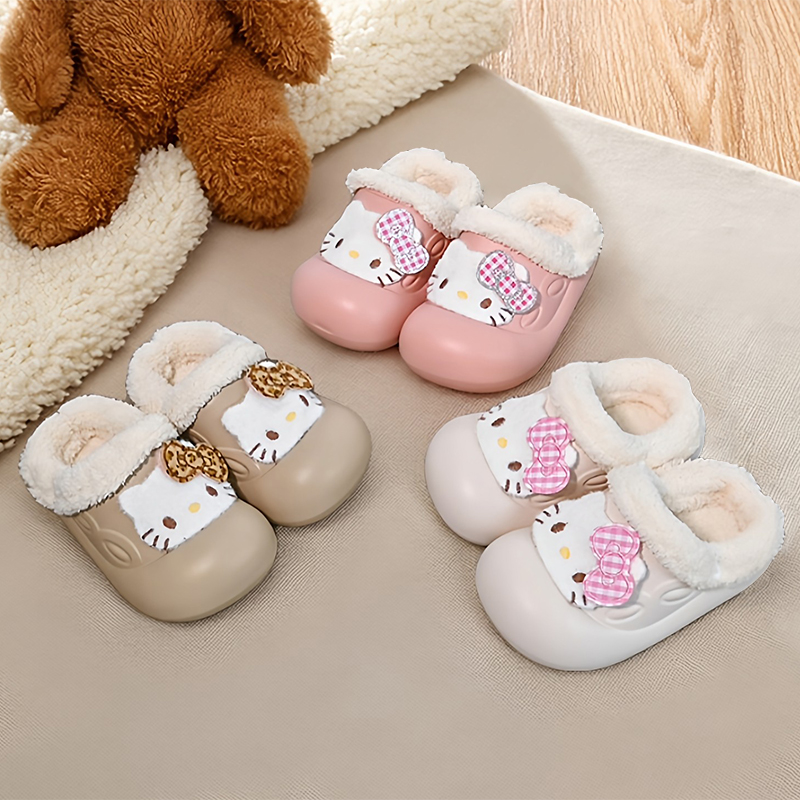 kt猫女童棉拖鞋儿童毛毛拖2025冬季新款宝宝室内家居包头拖防踢脚