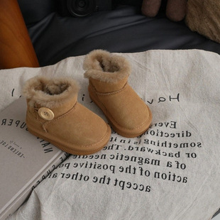 女童雪地靴冬季新款儿童加绒棉鞋宝宝棉靴一粒扣男童短靴皮毛一体