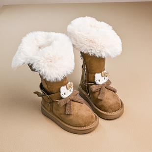 女童靴子儿童长筒靴加绒加厚kt猫女孩毛毛靴大童高筒靴东北雪地靴