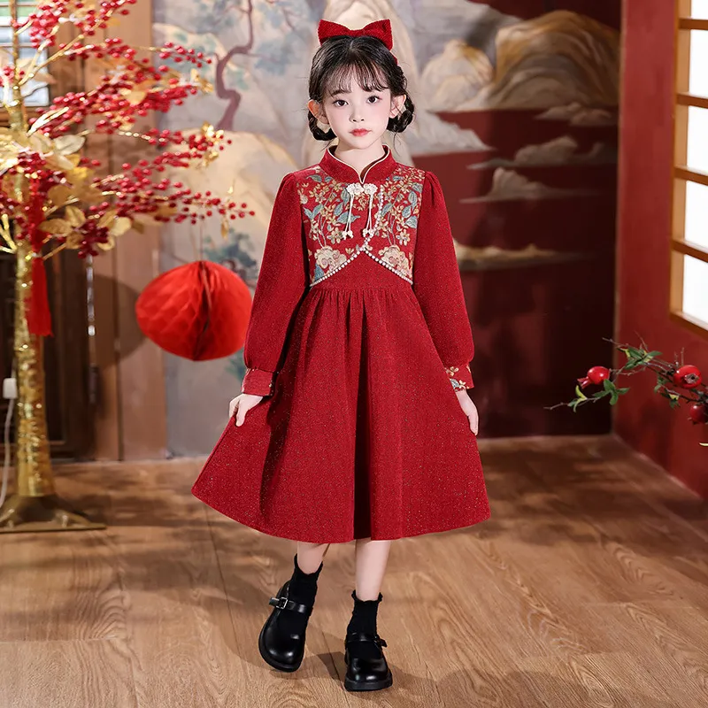 女童连衣裙长袖秋冬新款中国风新年红色儿童裙子女孩生日公主裙