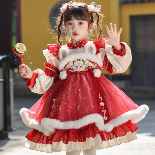 拜年服女童冬装2025新款加绒儿童红色国风公主裙汉服女孩过年衣服