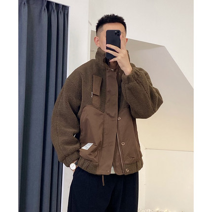 拼接加厚羊羔毛外套男冬季潮流痞帅立领棉服男款高级感保暖上衣潮