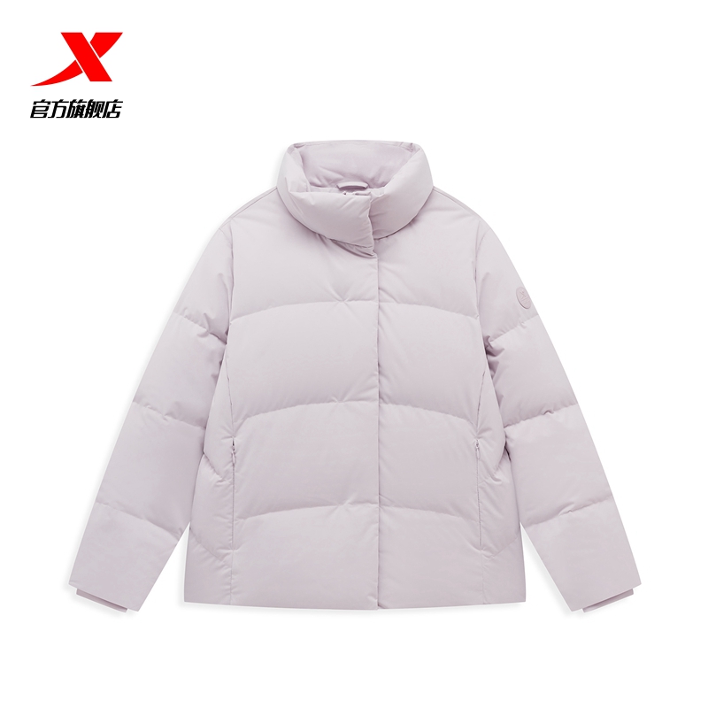 特步有暖气短款羽绒服女款2024冬季新款立领防风运动加厚外套女