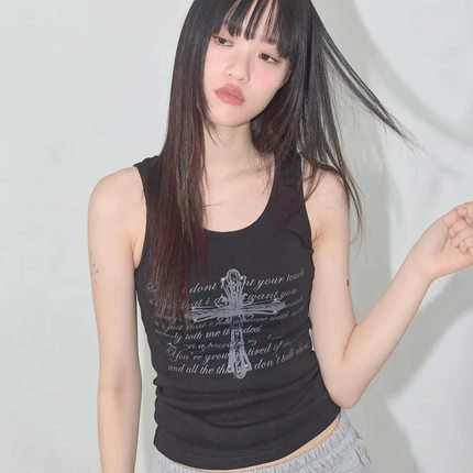 韩国东大门 haneul同款 百搭十字架字母吊带背心T恤