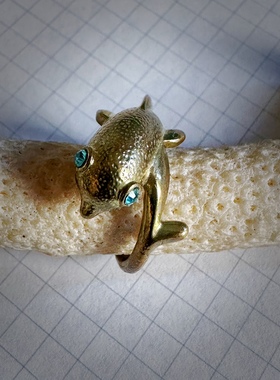 设计师品牌可爱蓝眼睛小海豚铜戒指7号戒圈【孤品独件满百包邮】