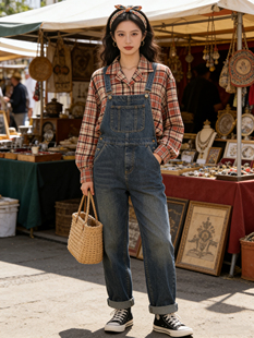 vintage复古古着孤品 日本原产砖红格子大码 绸质衬衣衬衫