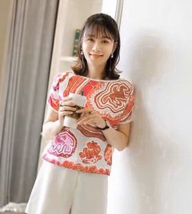 潮奢女士印花纯真丝桑蚕丝拼针织螺纹口上衣气质优雅好气色