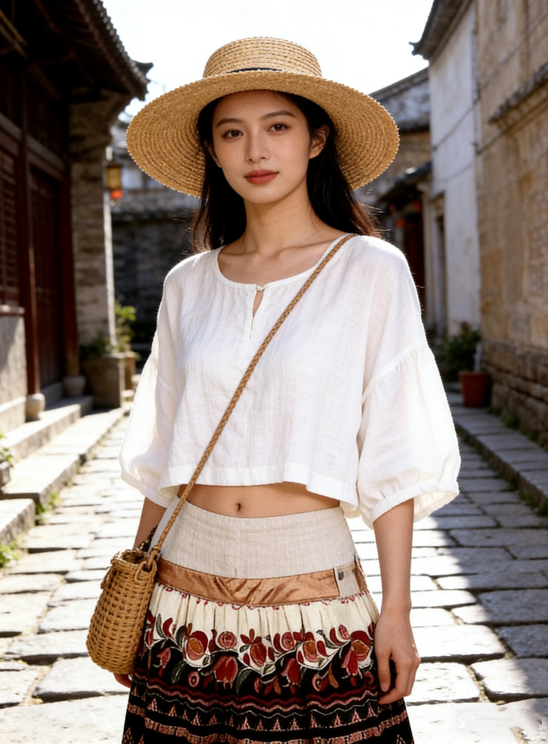 美国大品牌纯亚麻民族风格拼接大摆花色中裙