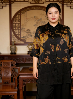 3XL大码真丝氨纶混纺古典拼接中袖长上衣黑色印花知性典雅显瘦