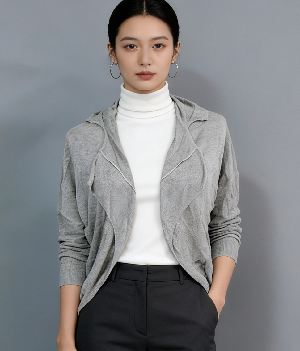 日本原产/制造灰色圆摆五分袖百搭针织开衫[复古古着vintage孤品]