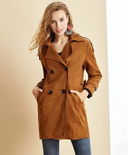 焦糖色麂皮鹿皮绒风衣皮衣L码 有口袋外套 春秋美拉德色系翻领长袖