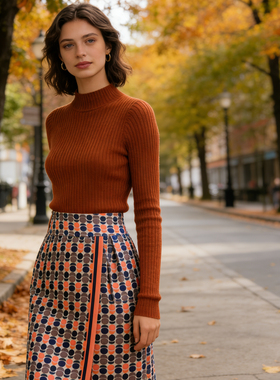 日本大品牌纯真丝100%桑蚕丝设计感几何花纹半身裙小码S口袋不透