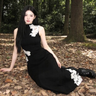 蕾丝刺绣针织连衣裙垂感高腰A字长裙夏 立领无袖 木子李 李新中式