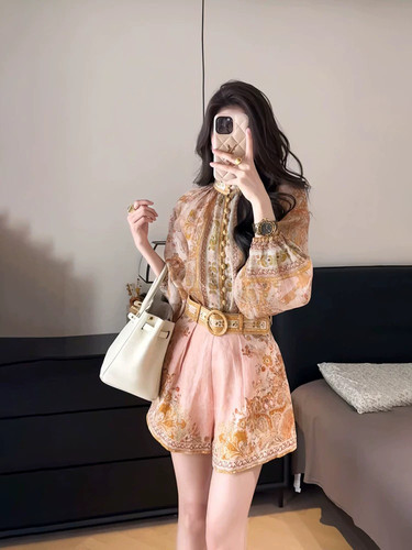 【萨拉】法式100苎麻衬衫女25春夏度假风短裤两件套上衣套装