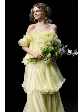 晨袍女新娘绝美法式超仙甜美晨拍黄色生日宴会学生公主裙日常可穿