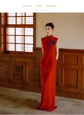 新中式晨袍女2025新款新娘订婚礼服复古高级感红色旗袍两件套裙装