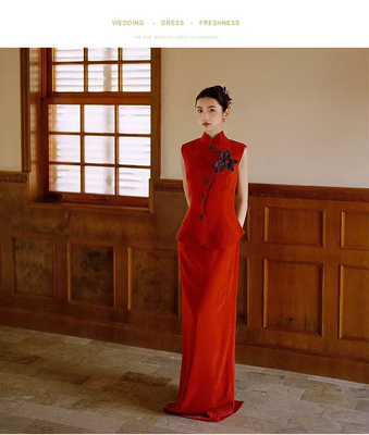 新中式晨袍女2025新款新娘订婚礼服复古高级感红色旗袍两件套裙装