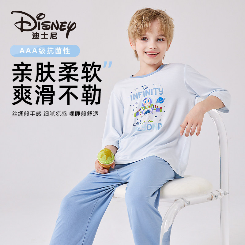 迪士尼儿童睡衣莫代尔春夏男童大童冰丝薄款七分袖睡裤套装家居服图片
