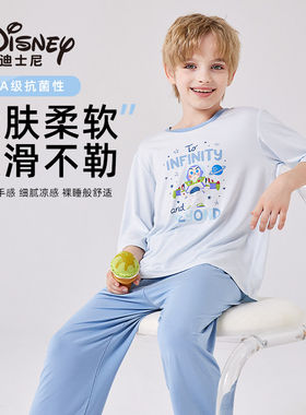 迪士尼儿童睡衣莫代尔春夏男童大童冰丝薄款七分袖睡裤套装家居服