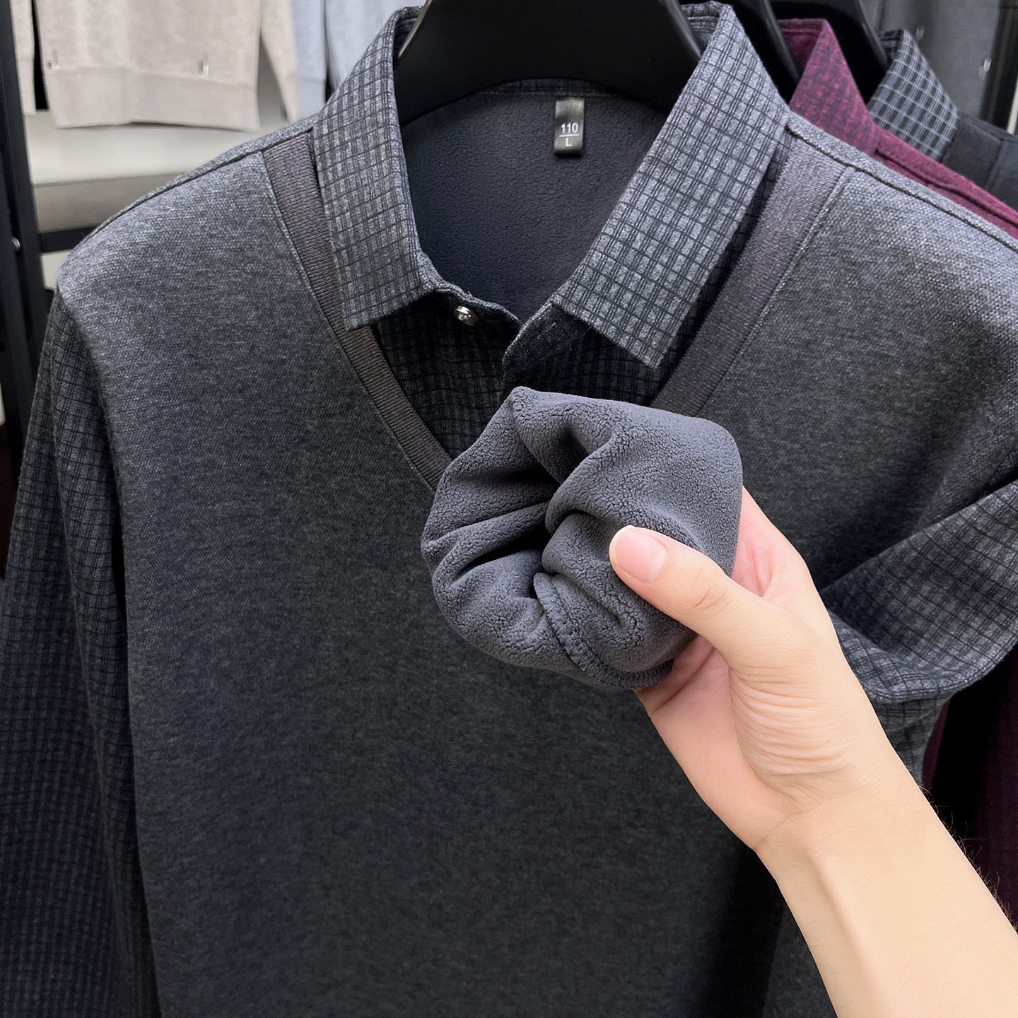 假两件男士上衣服加绒中老年打底衫格子秋季冬款印花高品质polo