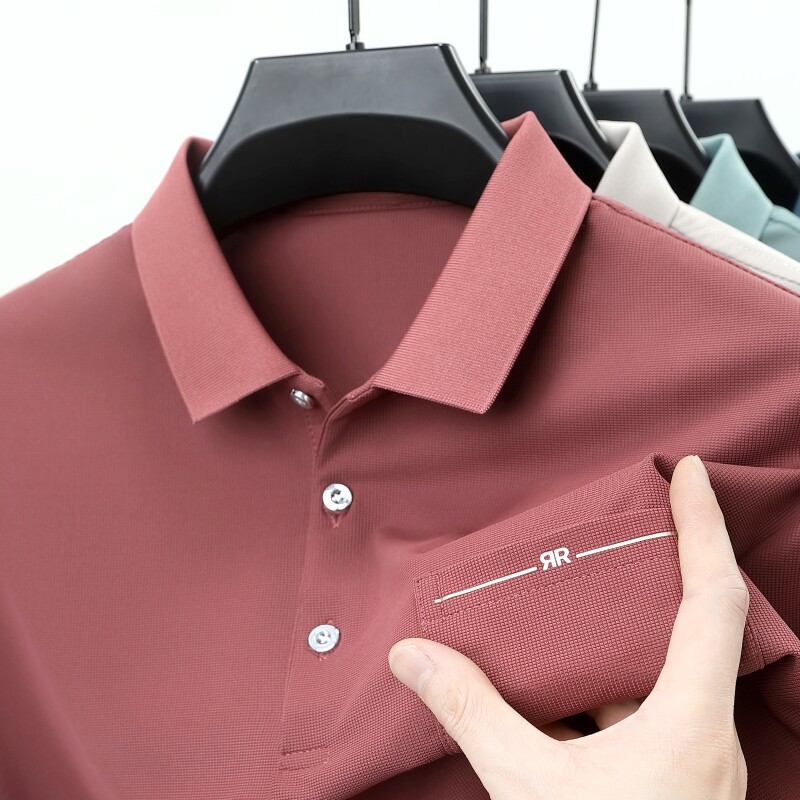 真口袋~男士红色夏季冰丝凉感短袖T恤爸爸装翻领本命年上衣Polo衫