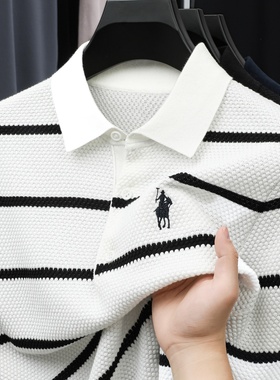 中年男士短袖t恤纯棉plol爸爸夏装上衣服polo衫条纹轻奢土poole