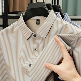 桑蚕丝~男士夏季新款冰丝短袖衬衫中年爸爸装翻领坚条纹凉感上衣
