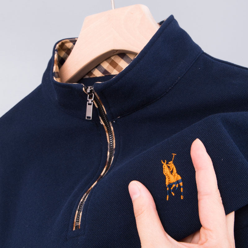 男士保罗polo衫中年爸爸春秋装长袖T恤纯棉拉链立领新款卫衣