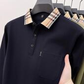 款 翻有带领长袖 t恤春秋季 男士 新中年爸爸纯色带口袋polo衫 上衣服