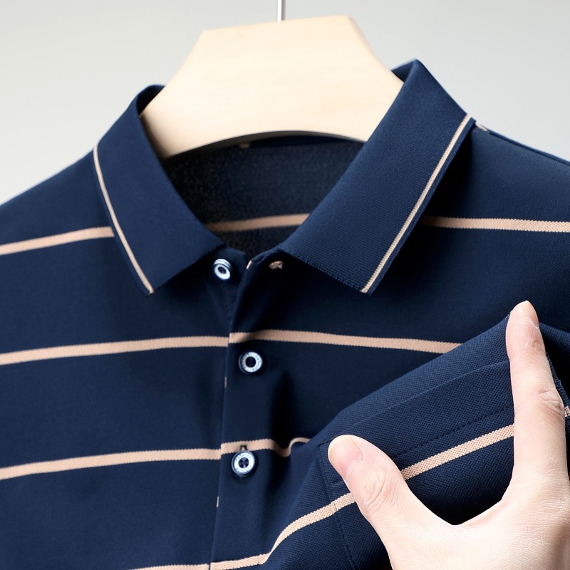 真口袋~男士夏季新款POLO衫短袖T恤中年爸爸装条纹长袖上衣服poll