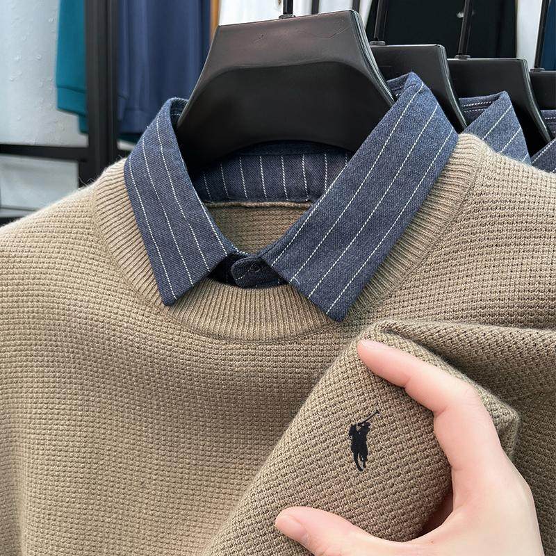 2024男士秋冬新款衬衫领秋衣毛衣针织爸爸装假两件刺绣上衣打底衫