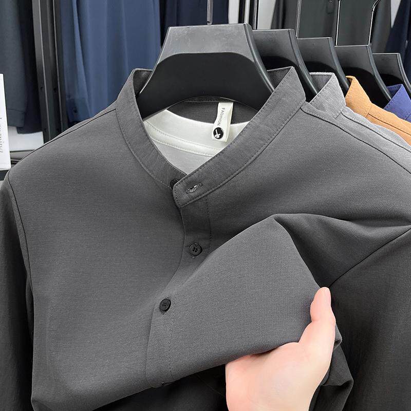男士亨利领长袖衬衫春秋季新款中年爸爸装立领纯色上衣服亚麻寸衫
