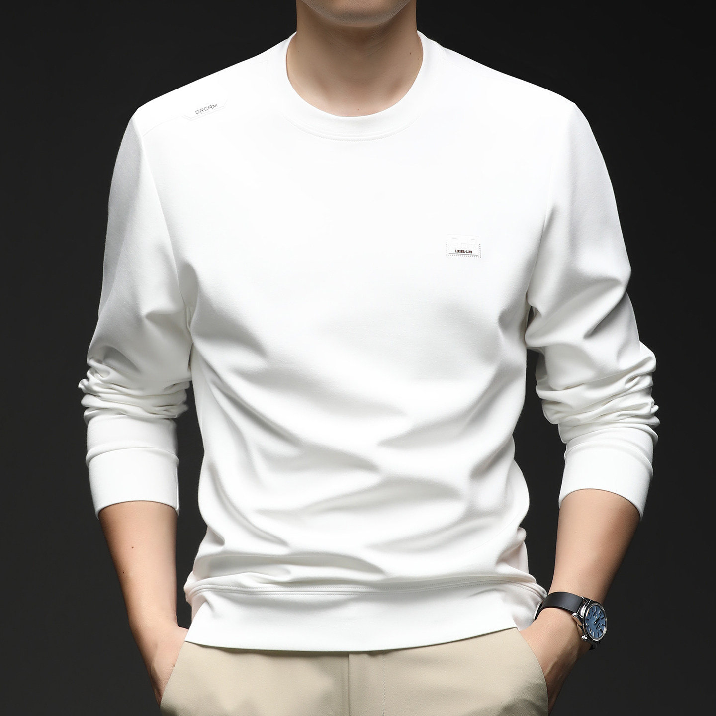 新款圆领长袖男士上衣春秋季薄款打底衫中年内搭套头卫衣休闲服